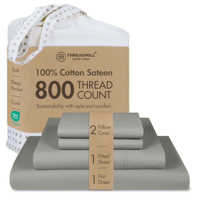Threadmill Luxury 800 Thread Count King 100% Cotton Sheets - Moonrock Grey Sateen Weave Bed-Sheets, Better Than Egyptian Cotton, 4 Pc Solid Soft Bed Set, Fits 16" Deep Pocket - Image 1